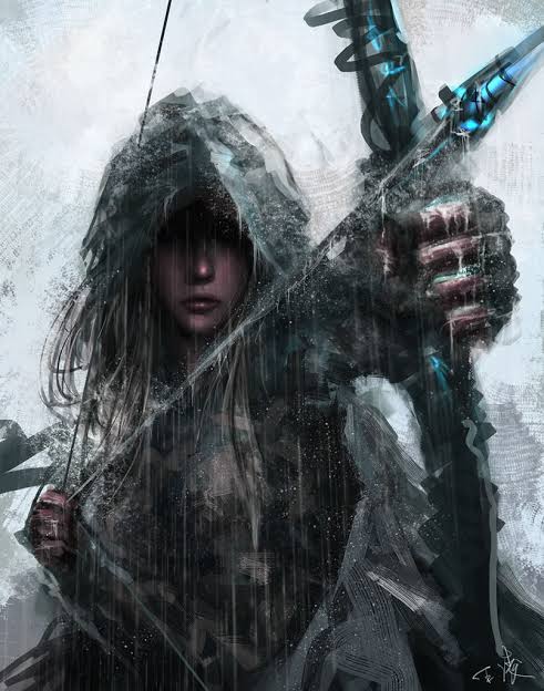 Hooded woman drawing bow