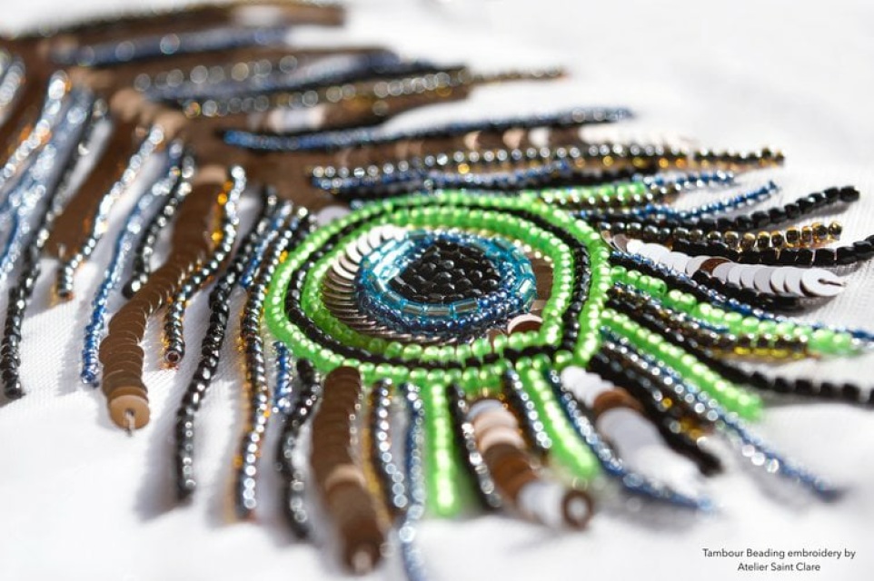 tambour beaded peacock feather