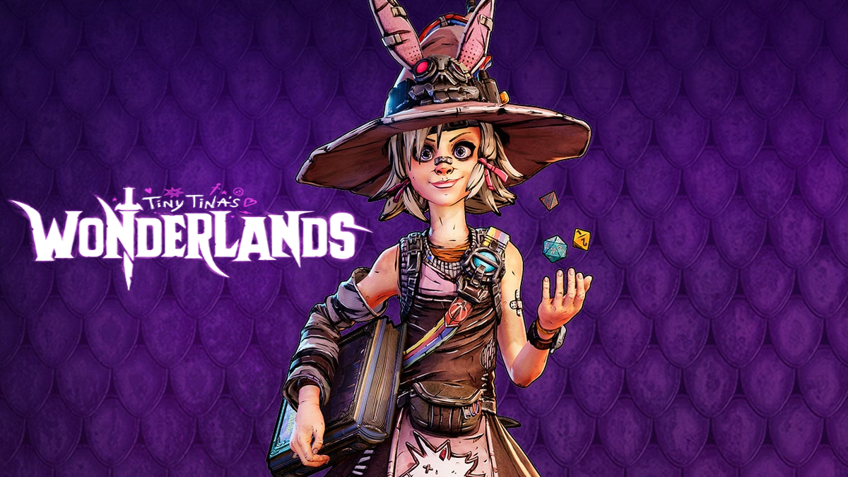 Purple dragon scale background, left: Wonderland Logo, center:Tiny Tina.