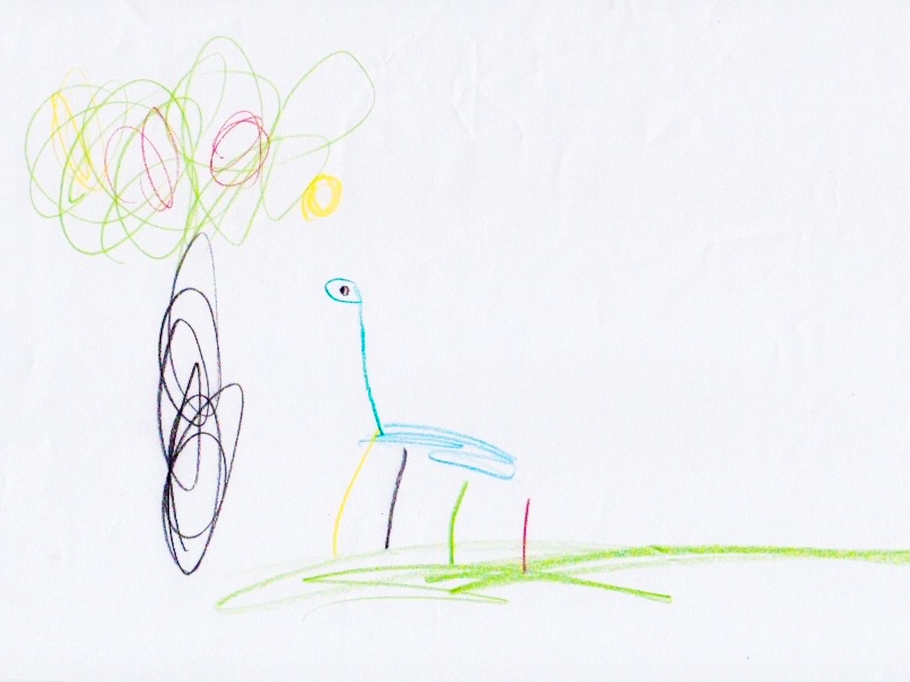 kids drawing of a brachiosaurus and an apple tree