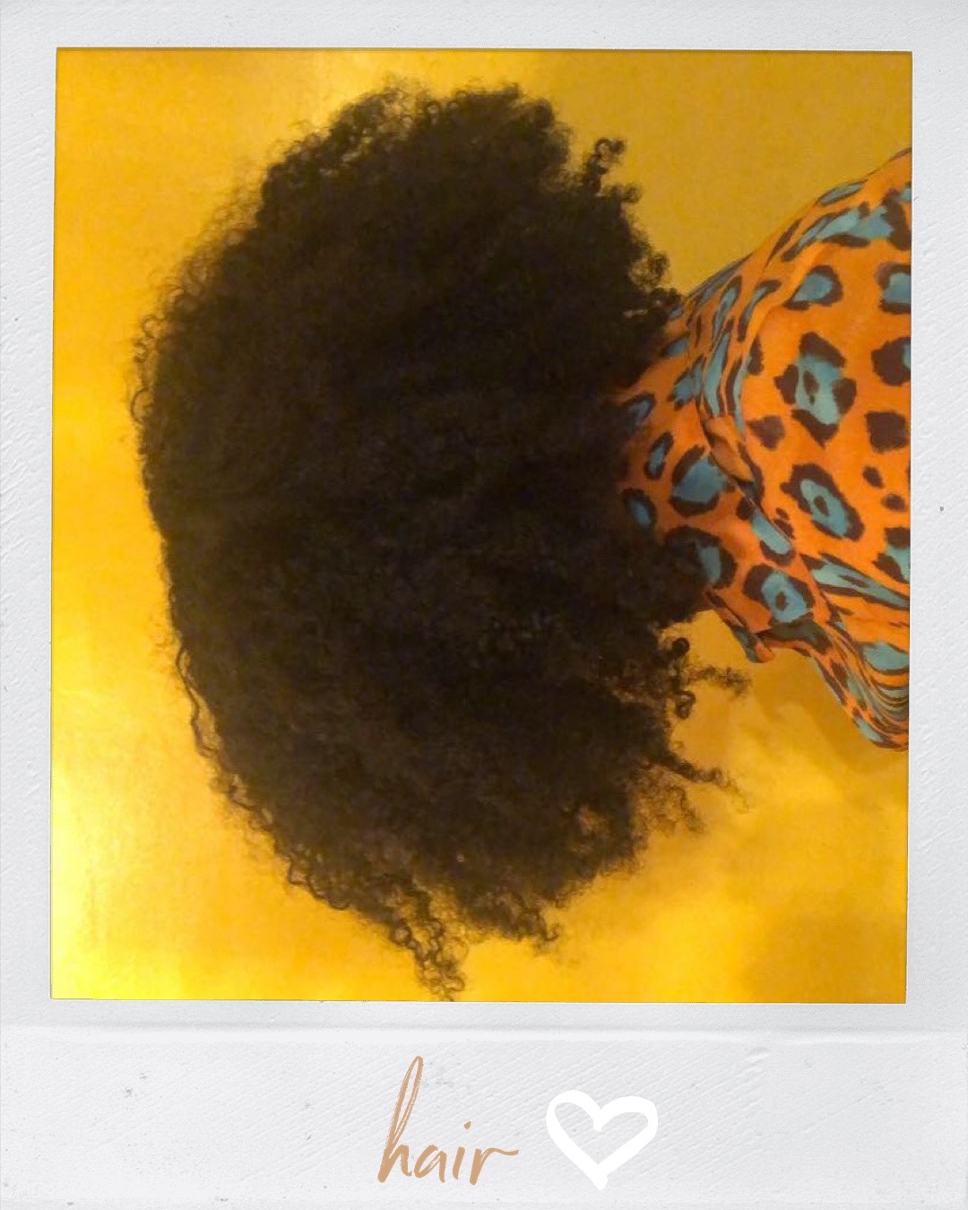 Polaroid style photo captioned hair of creator with back turned to camera and coily textured hair loose