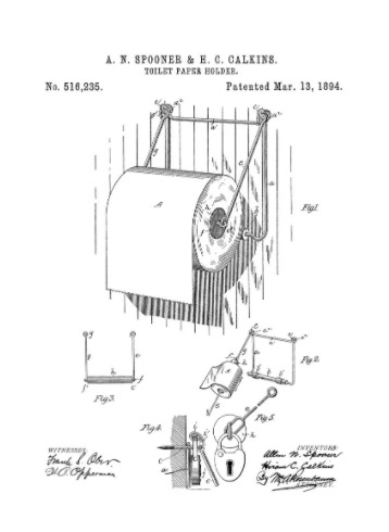 Original patent for toilet paper holder shows we should hang the roll so the paper rolls over the top.
