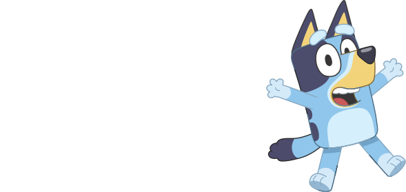 The Bluey logo next to the character Bluey, a small blue cartoon dog.