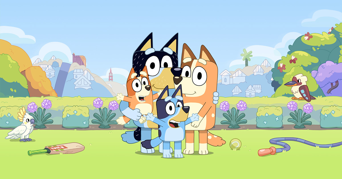 A cartoon dog family standing in their backyard. The characters are Bingo, Bandit, Chilli and Bluey.