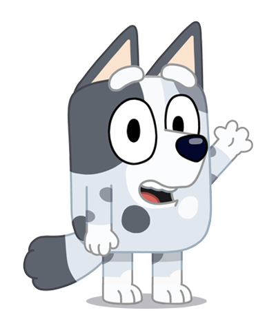 A small grey and white cartoon dog.