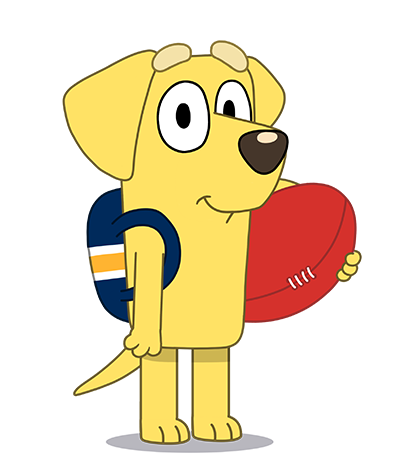 A yellow cartoon dog wearing a backpack and holding an oval football.