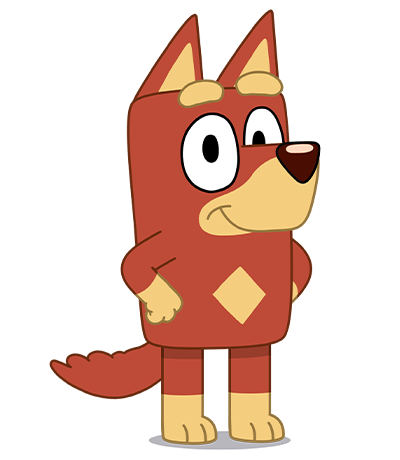 A reddish brown cartoon dog with hands on hips.