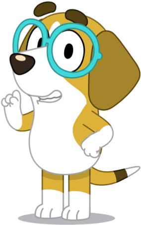A brown and white cartoon beagle with blue glasses.