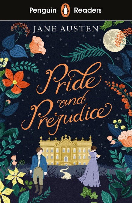 On top, there is a black stripe that has the Peguin Readers logo in the middle. The cover is the title (Pride and Prejudice) in the middle in orange. Below it, we can see a big mansion and two people, a woman wearing a purple dress on the right and a man wearing brown trousers and a blue jacket on the left. The cover is surrounded by colourful flowers and we can see the moon on the top right corner.