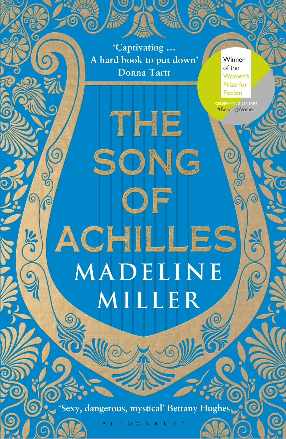 A blue and golden cover. In the middle you hae the title in gold, The
      Song of Achilles, and below the name of the author in white. Both are
      surrounded by a lyre, which is decorated with plant like drawings that
      remind us of Ancient Greece. Surrounding the lyre, we can find these kind
      of decorations too.