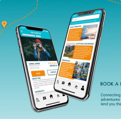 This an image of two iphone screens of the frendtrip app on a blue background.