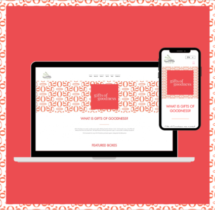 This an image of an Iphone and macbook pro on a red background surrounded by a white border and orange letters. The macbook and iphone screens are on the Gifts of Goodness e-commerce site