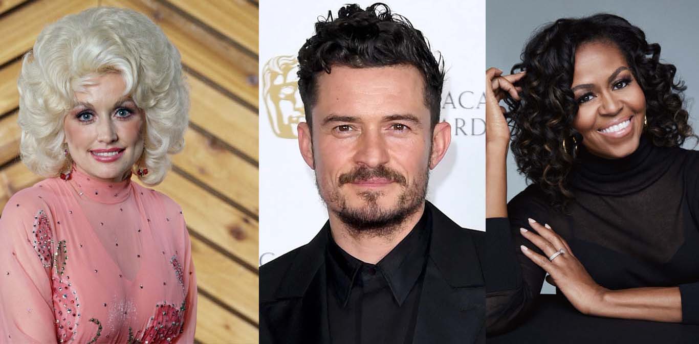 An image of 3 heads, the first being Dolly Parton. A woman with big bufont hair in a pink sparkly dress. The second is Orlando Bloom a generic white man with a beard wearing a suit. The third is Michelle Obama. An African American woman with straight black hair wearing a turtle neck with her head resting on her hands with a wedding band on her ring finger