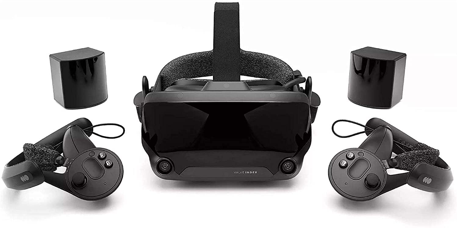 valve index virtual reality headset, 2 knuckles controllers, and 2 2.0 Valve Basestations