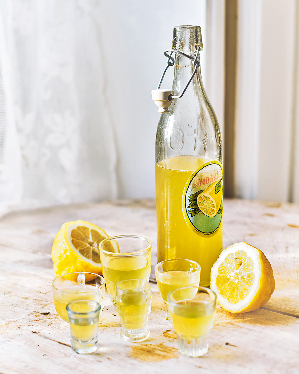 limoncello bottle and glasses