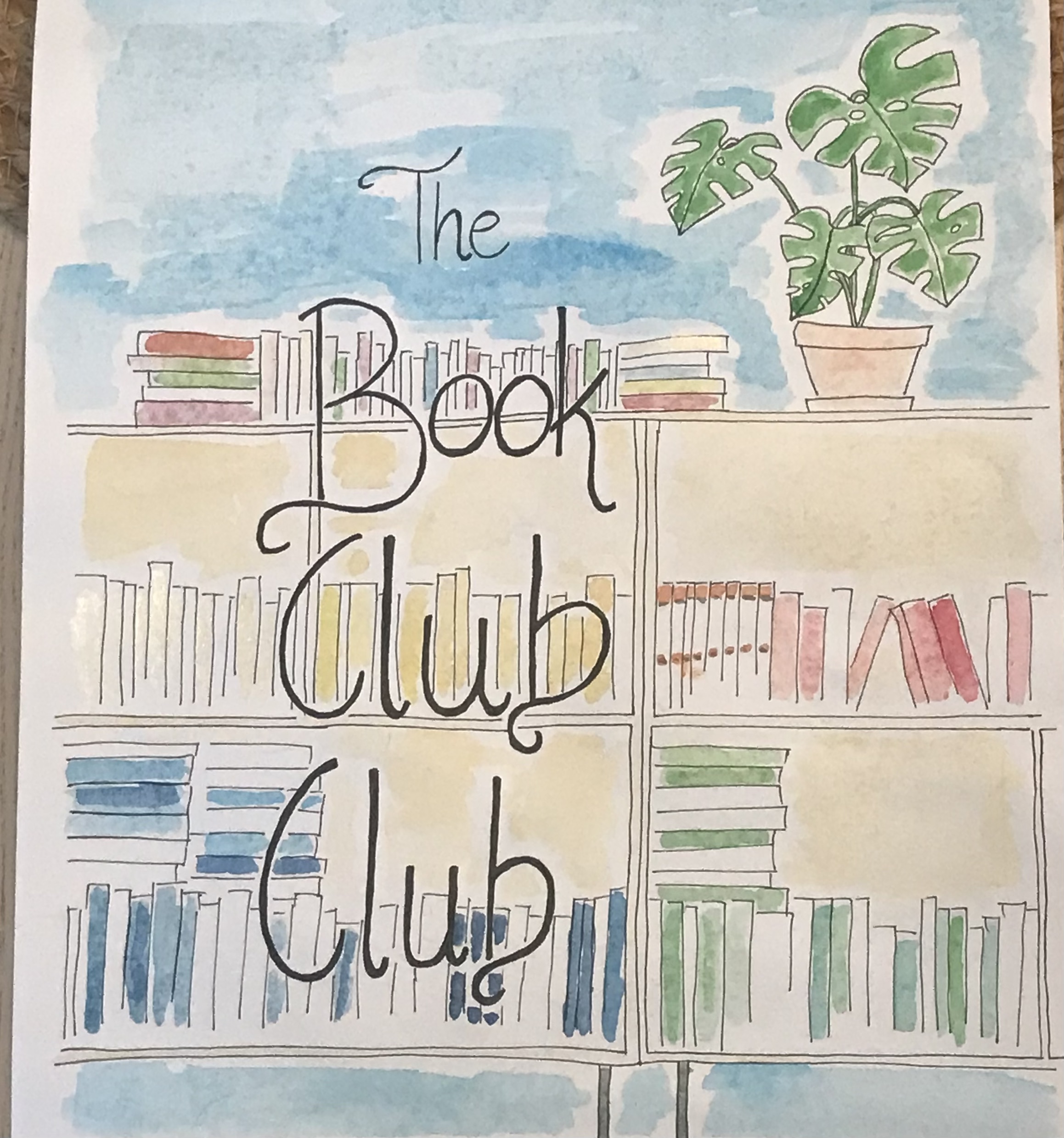 A painted picture of a book case with the text The Book Club CLub written over it
