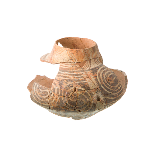 A pitcher with time spiral symbols