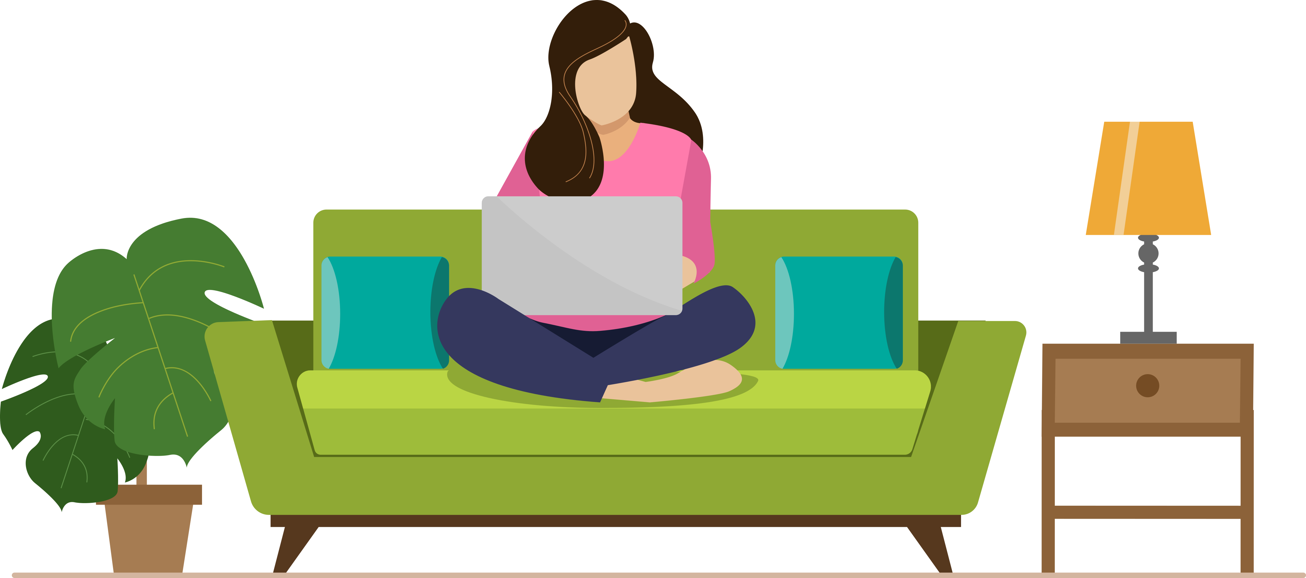 Graphic of woman sitting cross-legged on sofa with laptop
