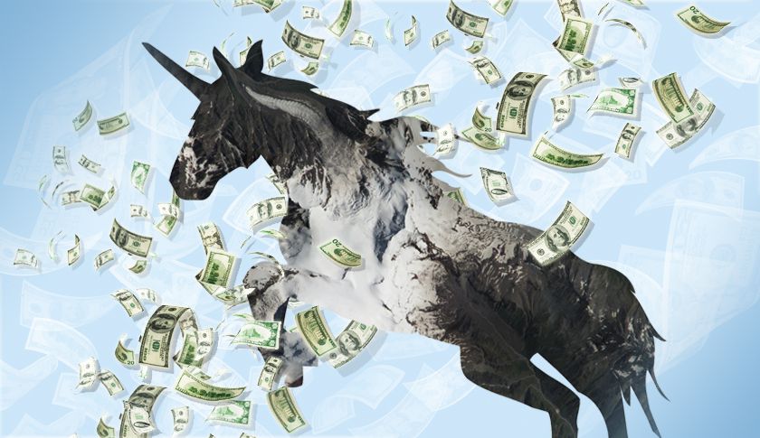 Unicorn jumping through flying hundred-dollar bills