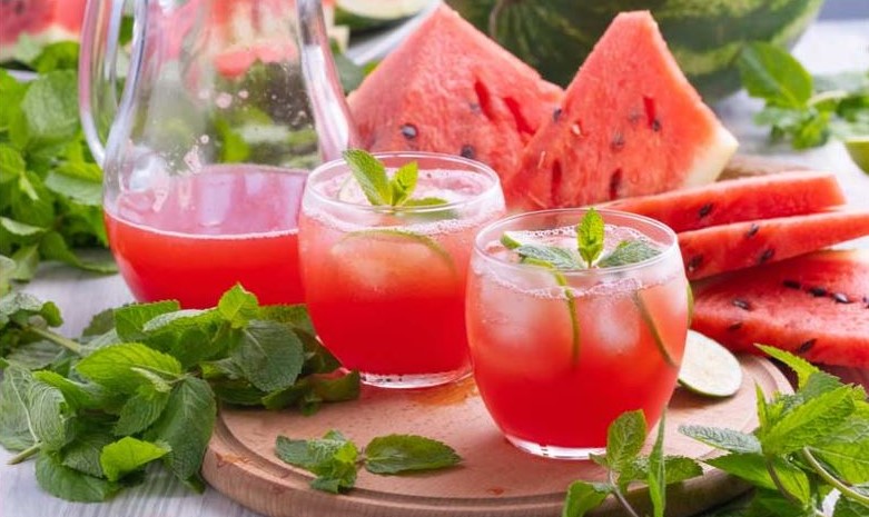 Watermelon slices and drink