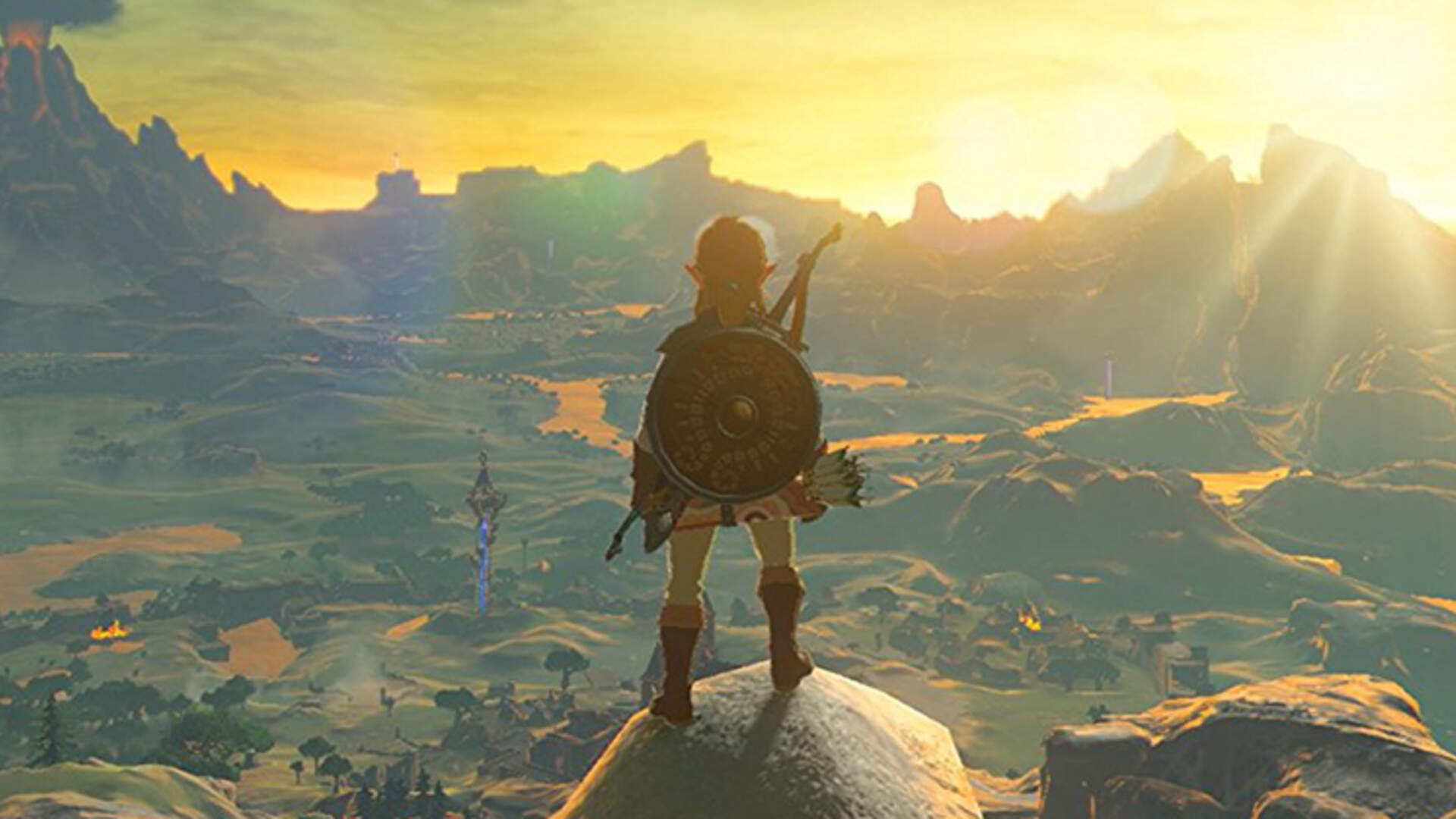 Link standing in front of a panorama of Hyrule