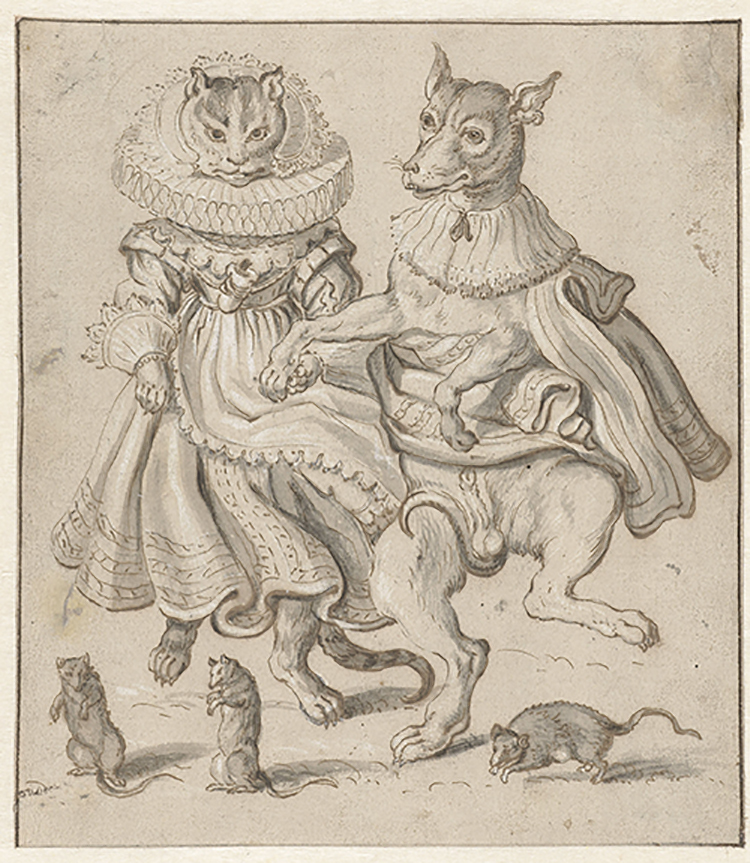 drawing of a cat and dog wearing seventeenth-century clothes and dancing, with rats at their feet