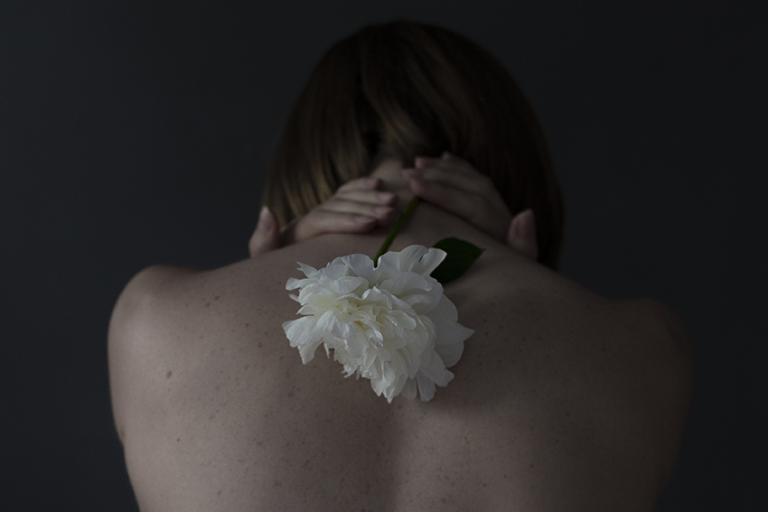 self portrait_woman holding peony