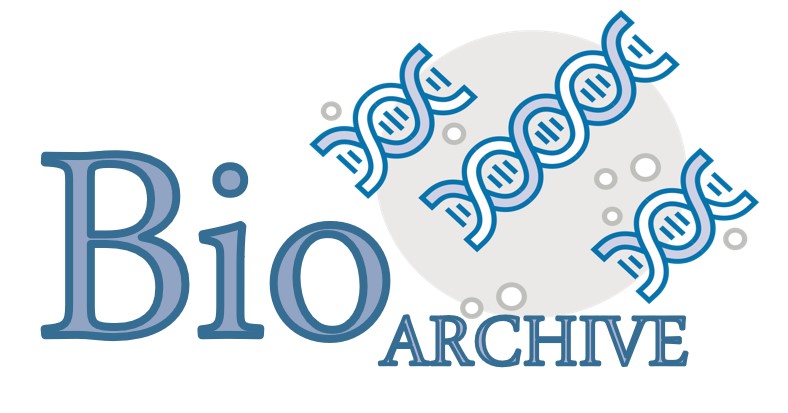 Bio Archive logo, name in blue, picture of three DNAs