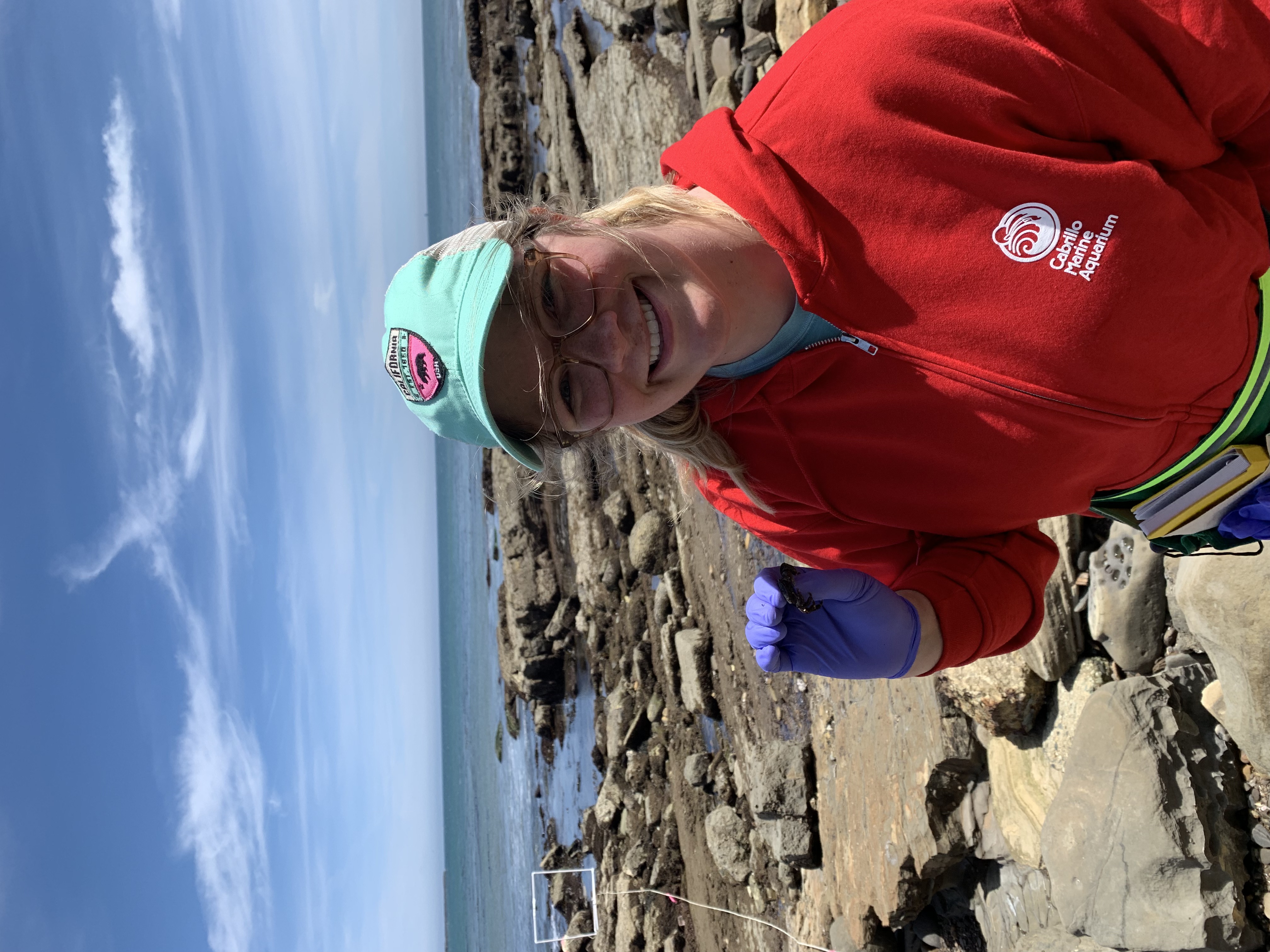 researcher at beach holding a crab