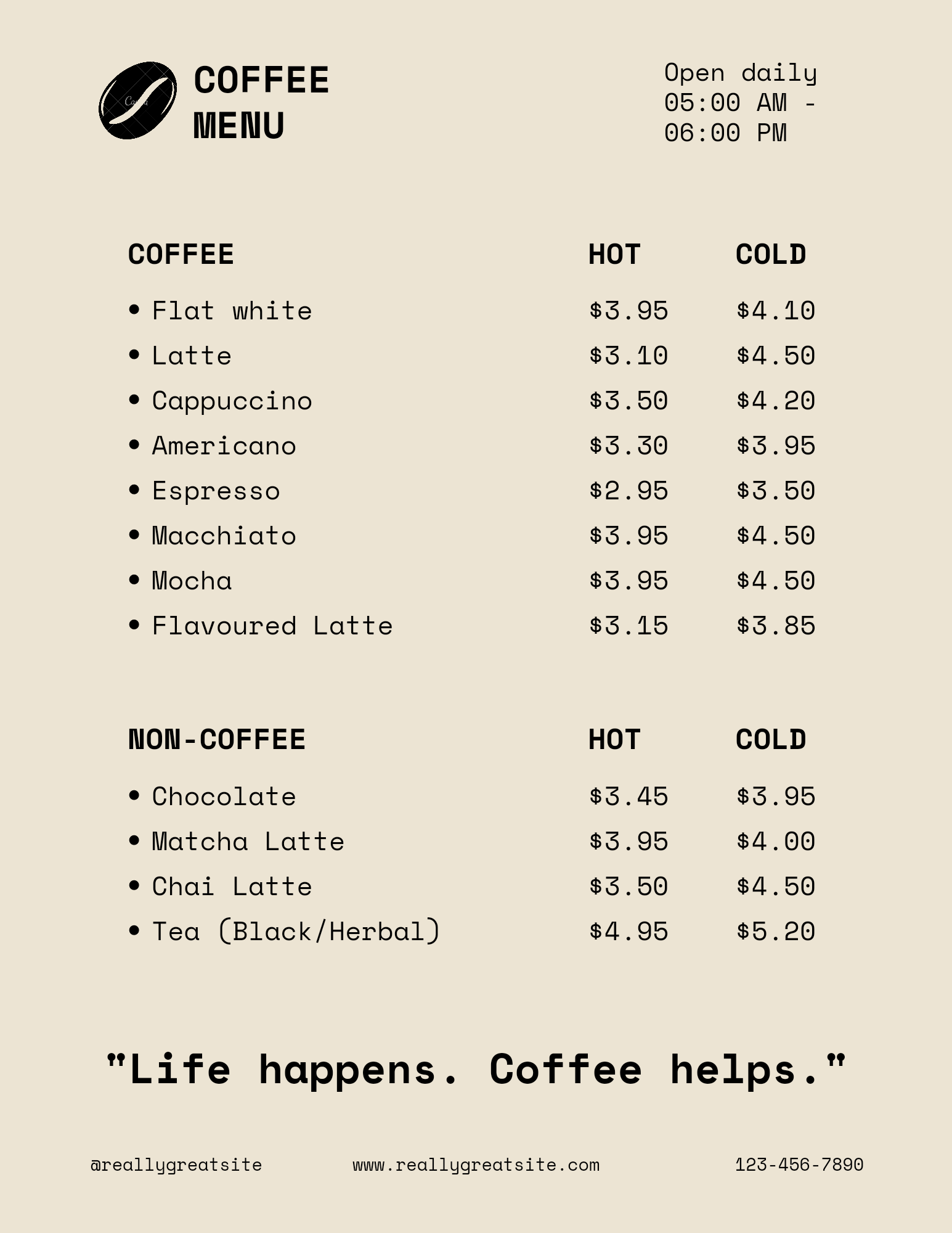 coffee menu