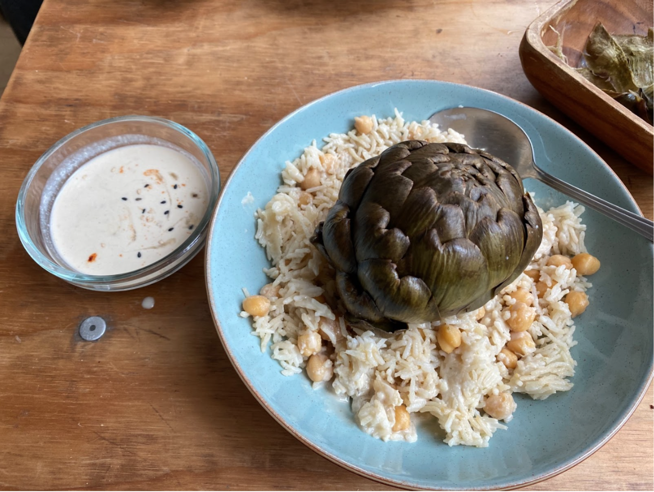 Whole Artichoke with Tahini Dip and Chickpea Rice