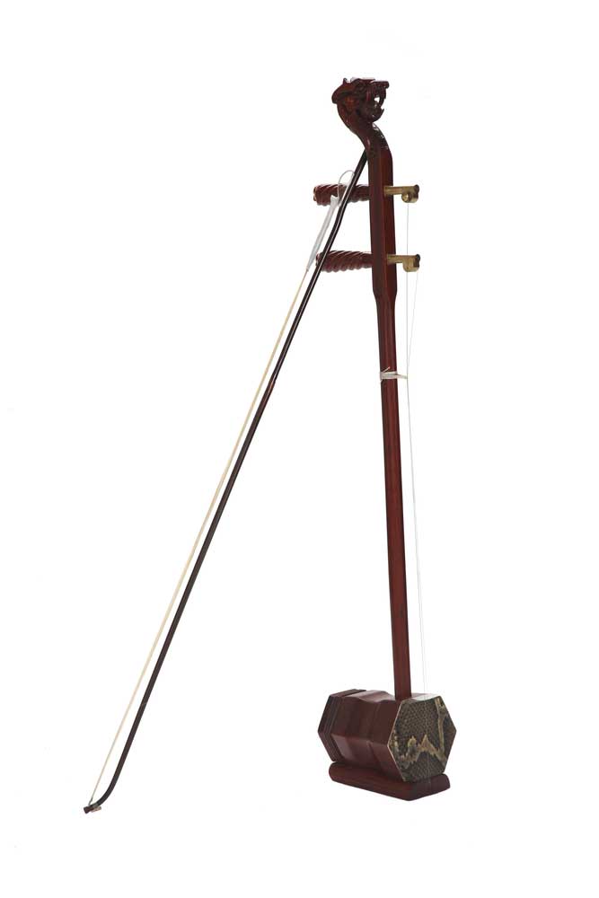 An erhu and bow against a white background. It has a small body and a very long fingerboard/neck.