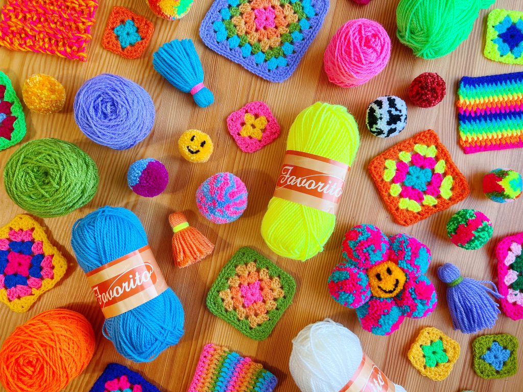 colorful yarn and handmade items