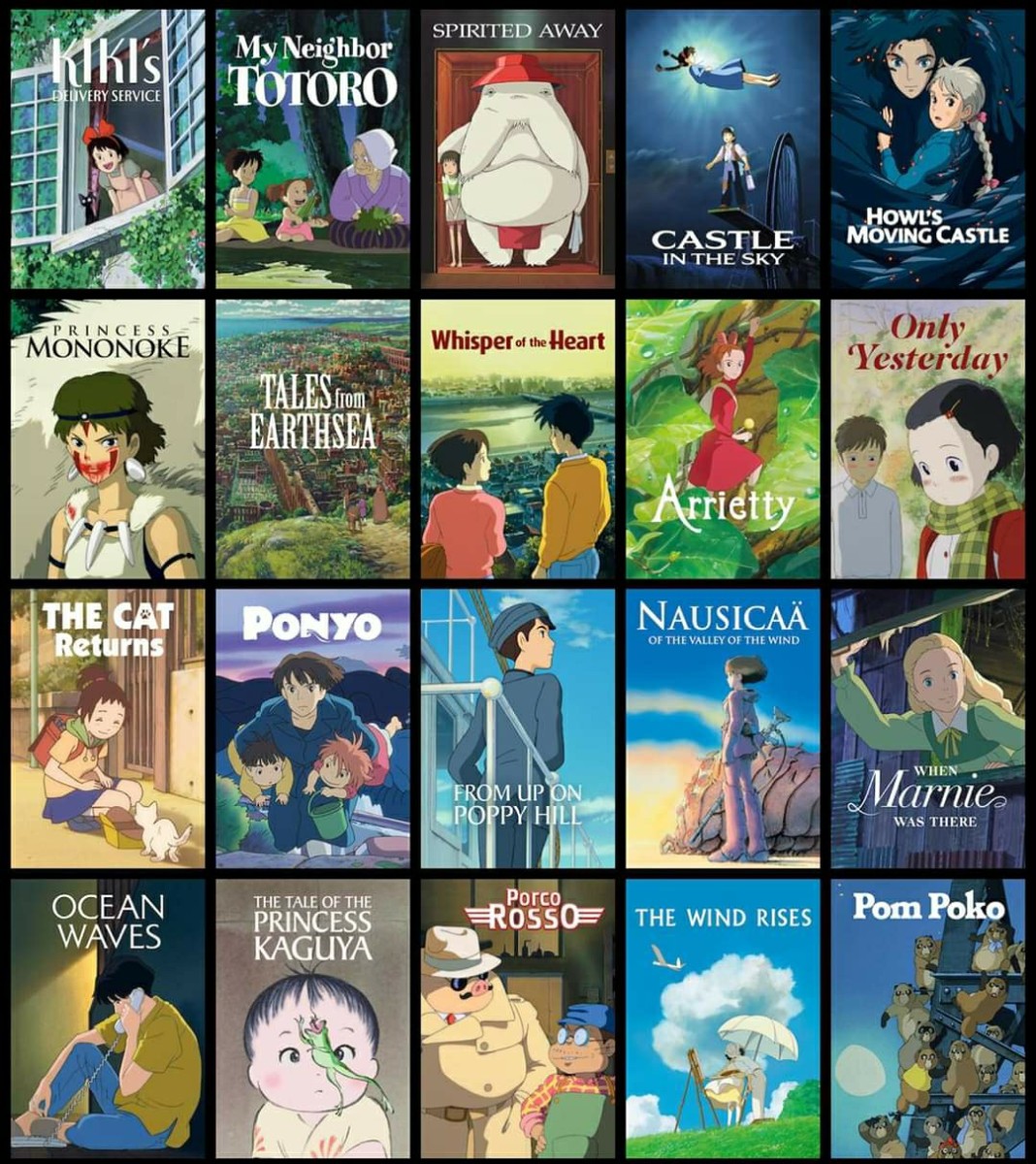 Depiction of various films produced by Studio
    Ghibli, including movie posters of Kiki's Delivery Service, My Neigbour
    Totoro, Spirited Away, Castle in the Sky, Howl's Moving Castle, Princess
    Mononoke, Tales from the Earthsea, Whisper of the Heart, Arrietty, Only
    Yesterday, The Cat Returns, Ponyo, From Up on the Poppy Hill, Nausicaa of
    the Valley of the Wind, When Marnie Was There, Ocean Waves, The Tale of the
    Princess Kaguya, Porco Rosso, The Wind Rises and Pom Poko.