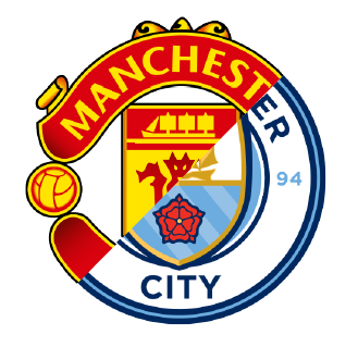 A football crest, half Manchester City, half Manchester United