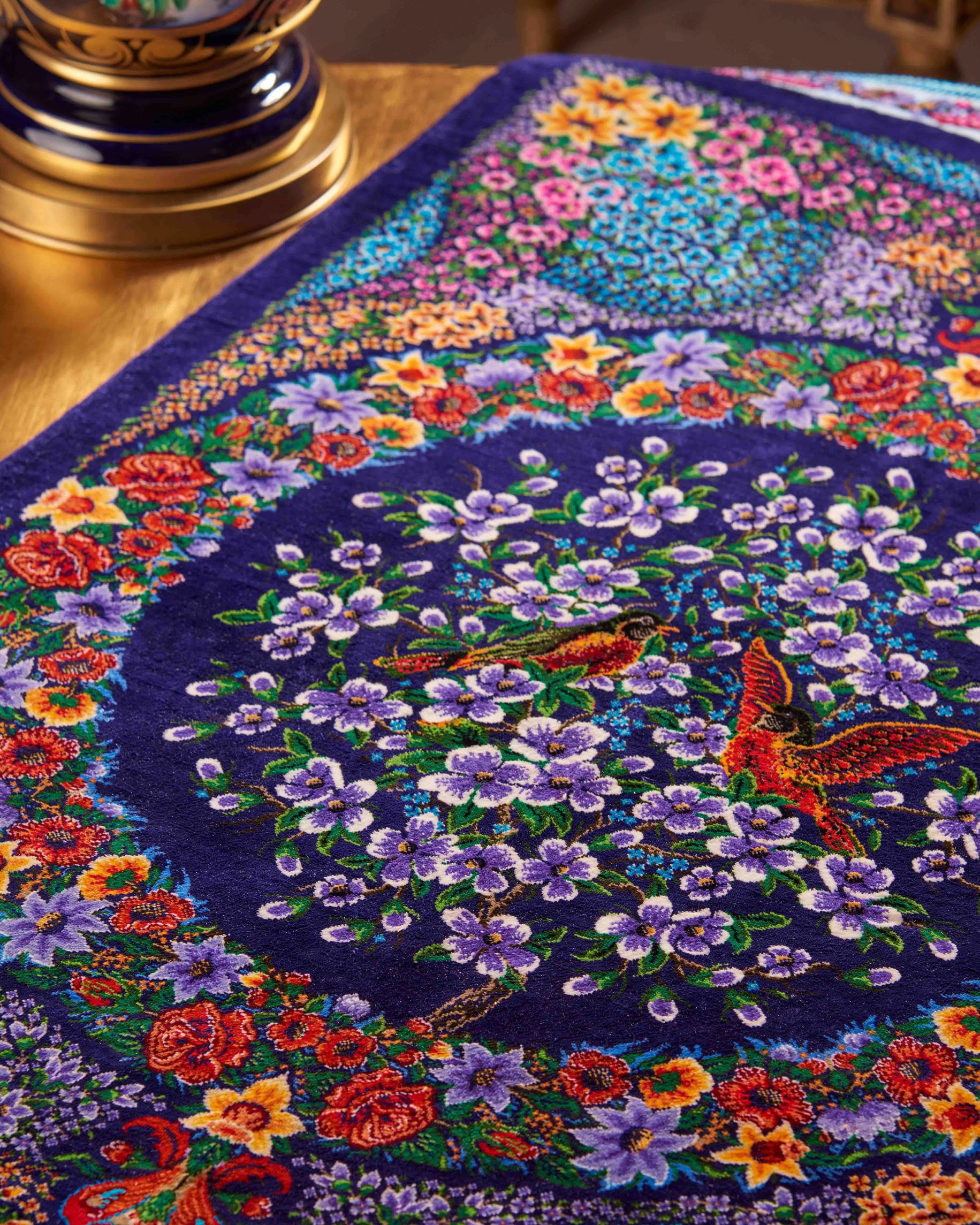dark blue qom silk rug