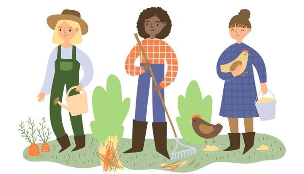 group of people gardeining with chickens