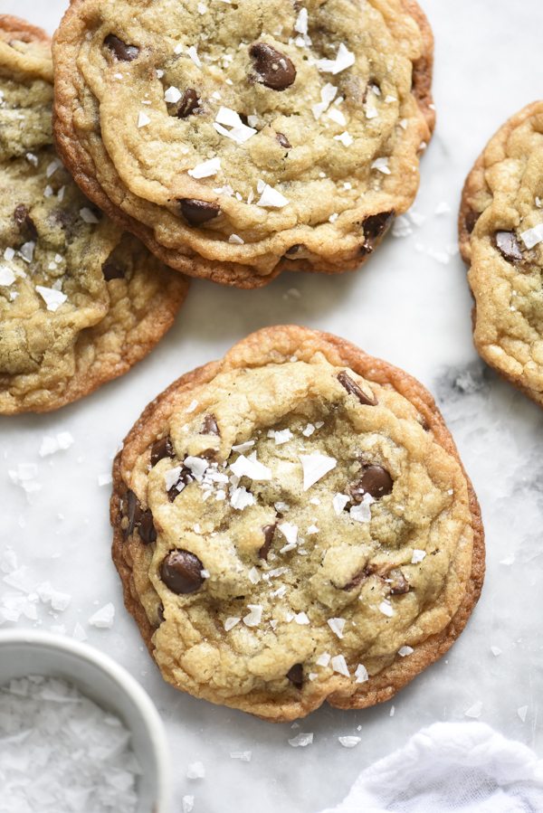 Chocolate chip cookies topped with flaky sea salt