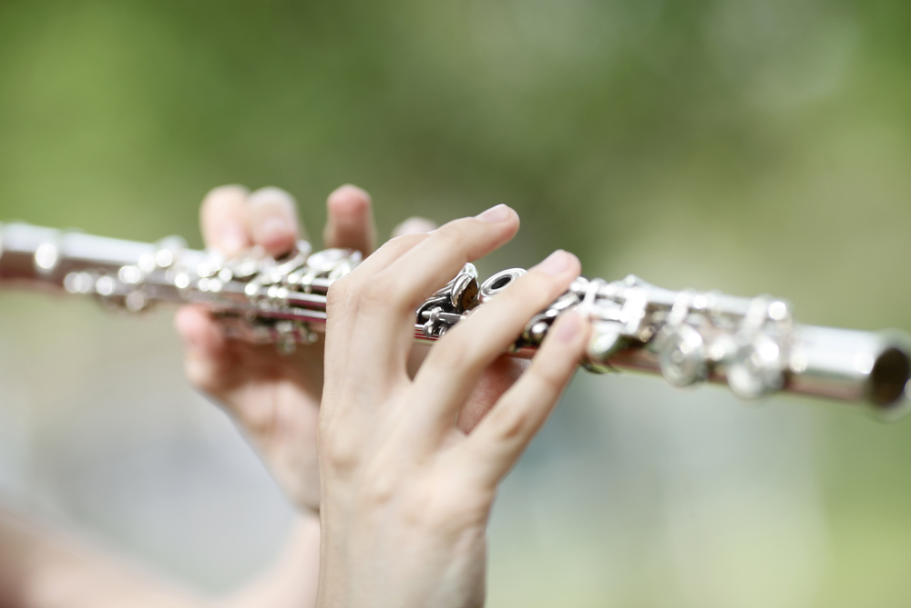 View of fingers in position on flute