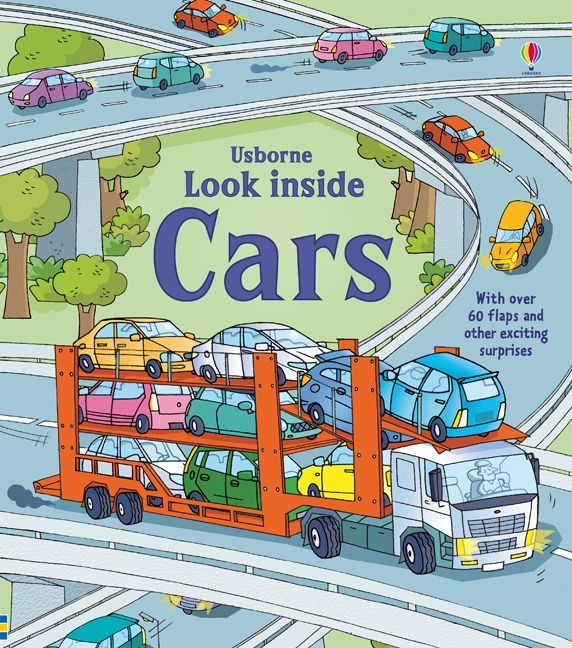 Look Inside Cars book cover art, transporter and cars on freeways.