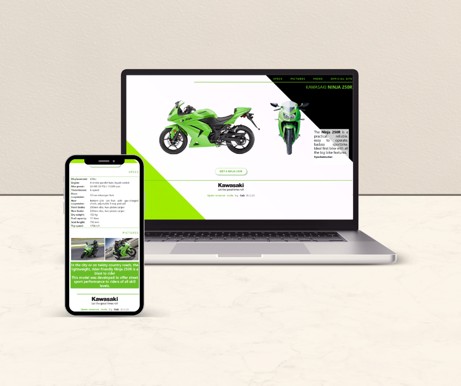 Kawasaki Ninja 250R motorbike landing page on mobile and desktop