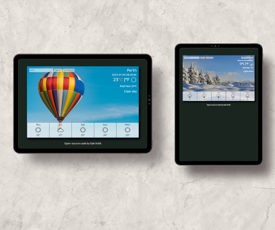 weather widget showcased on two tablets