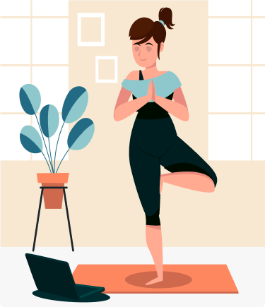 A young girl is practicing yoga at home, watching from her laptop and on a tree pose