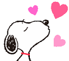 Snoopy kissing pink and purple hearts.