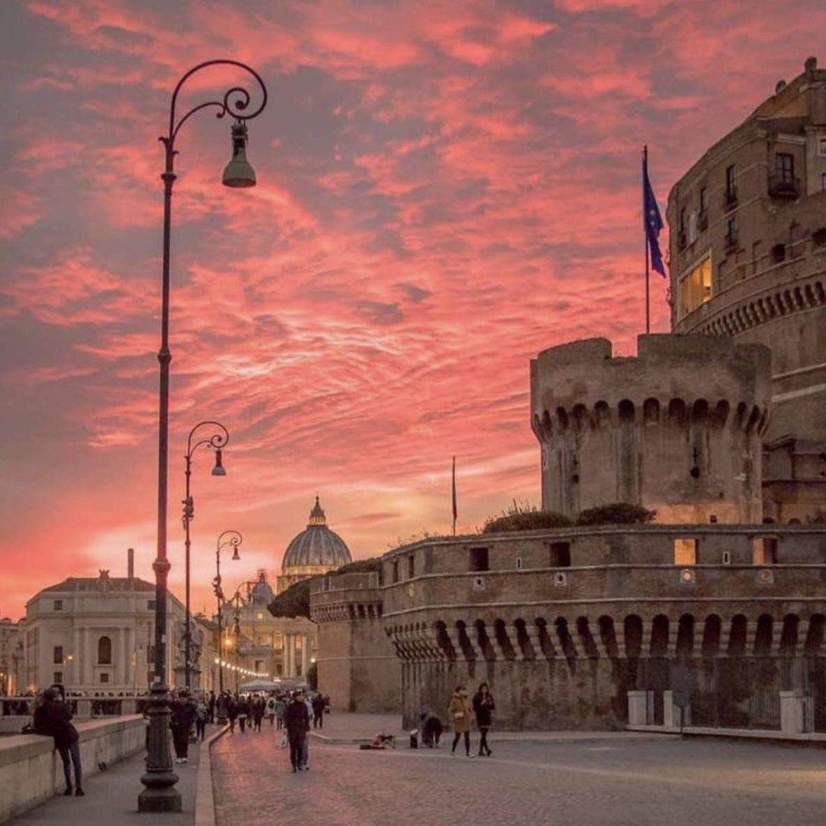 City in Italy with rose sky