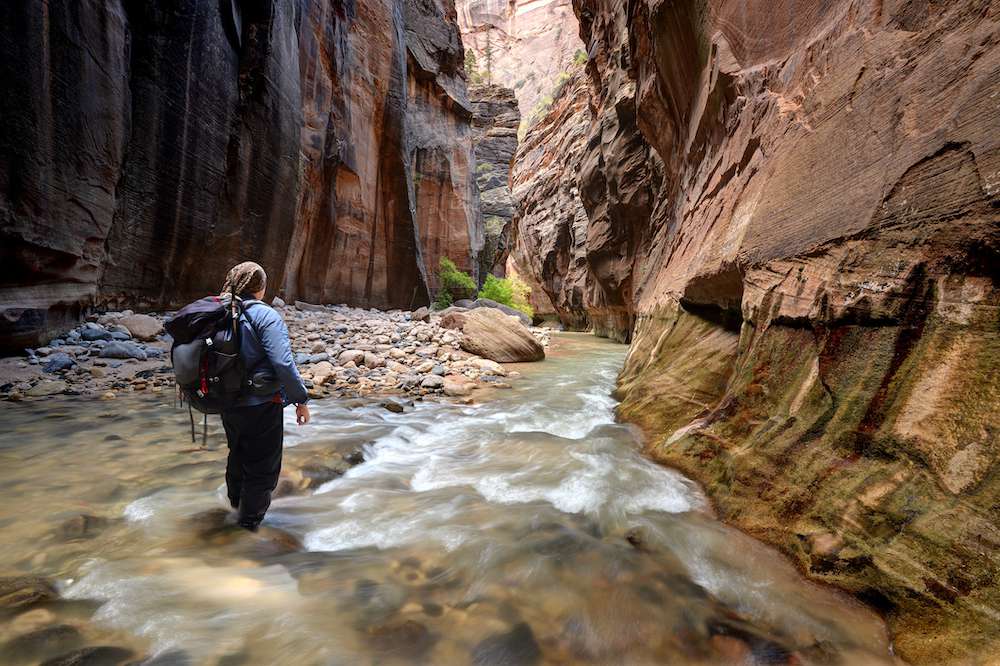 hiking in a river