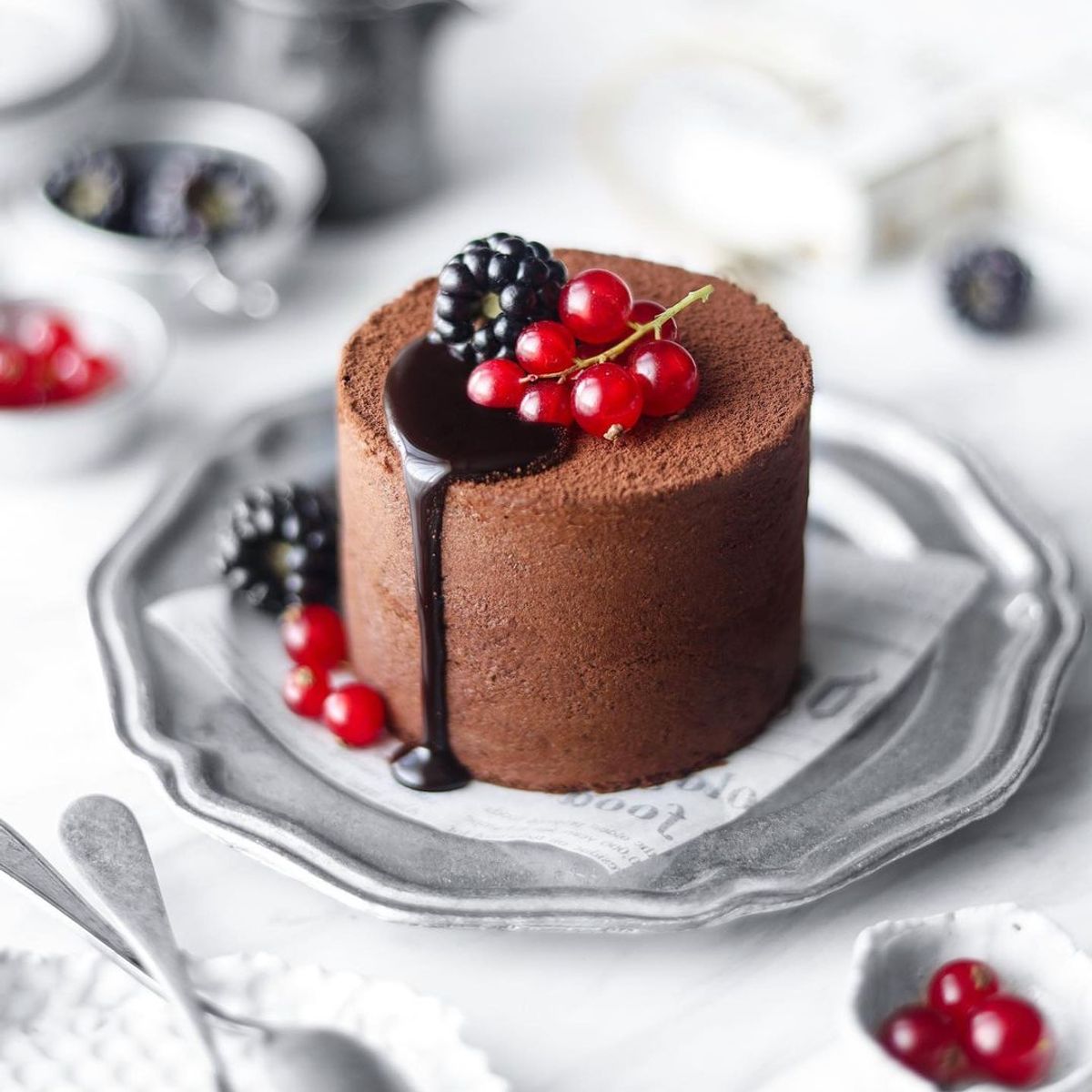 Mini Chocolate Cake with Berries and Chocolate Sauce