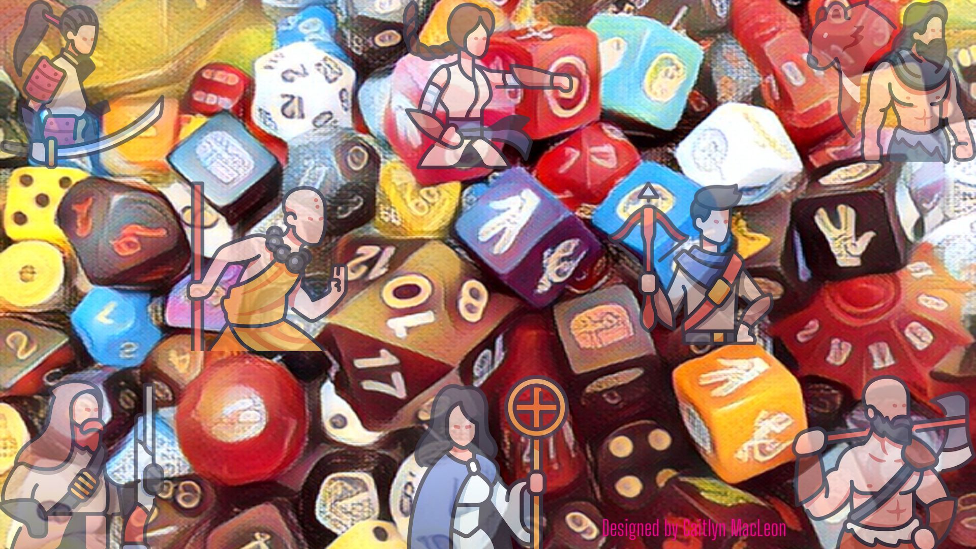 Tabletop role playing game characters in front of dice with watermark.