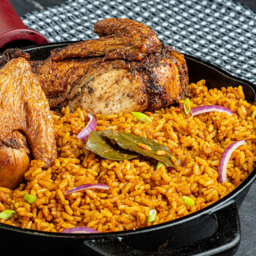 Bowl of Jollof rice with chicken