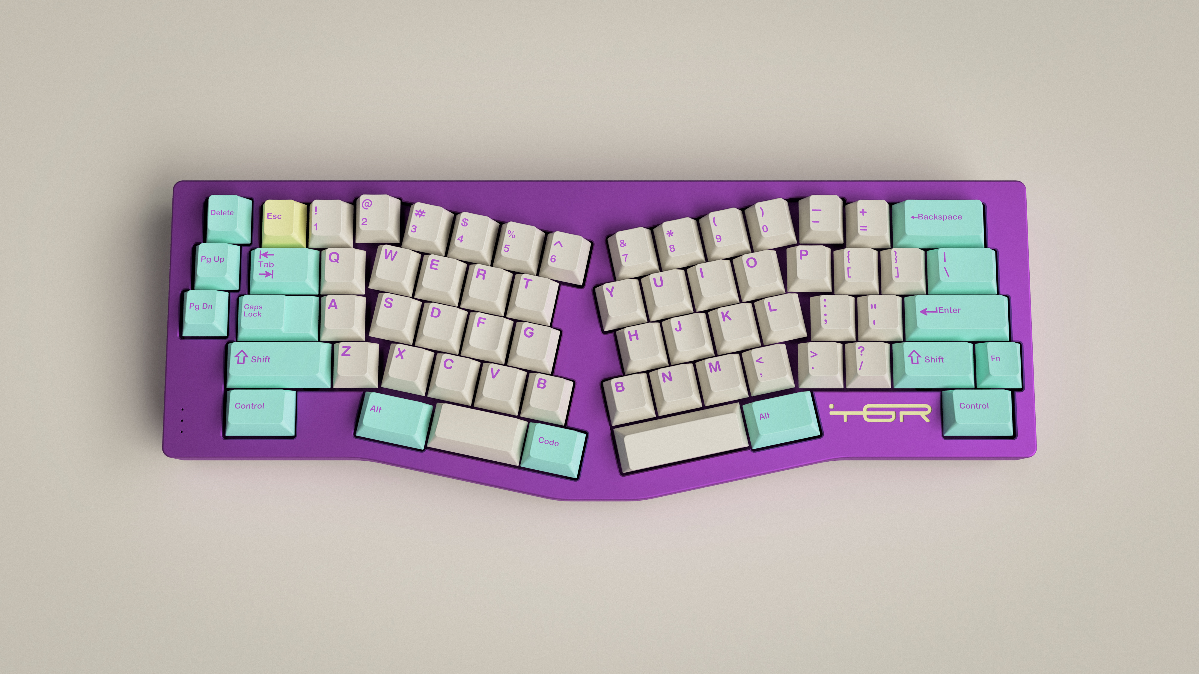 Custom keyboard in a purple Alice layout with GMK Analog Dreams keycaps